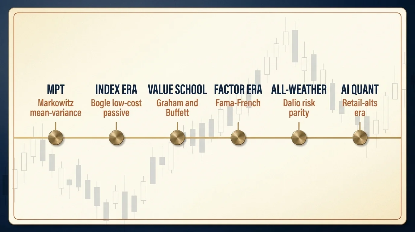 Chronological timeline of investment strategy framework evolution from Markowitz MPT through Bogle indexing to AI quant era