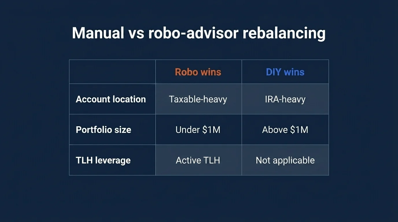 Decision matrix on deep navy: Robo wins (burnt orange) vs DIY wins (royal blue) across Account, Portfolio size, TLH