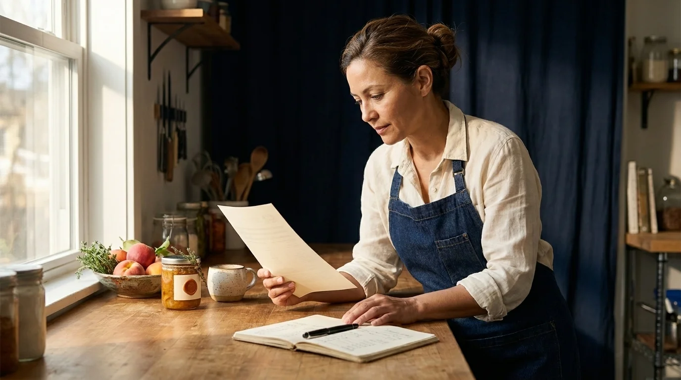 Mid-career foodpreneur reviewing a printed P&L at a kitchen counter beside a labelled product jar