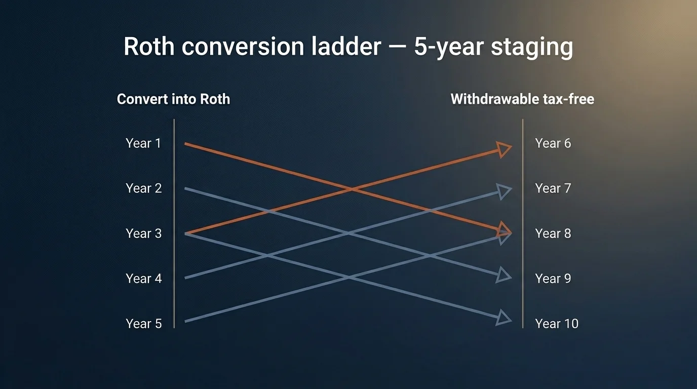 Roth conversion ladder: Year 1-5 conversions linked to Year 6-10 tax-free withdrawals, Year 1 in burnt orange