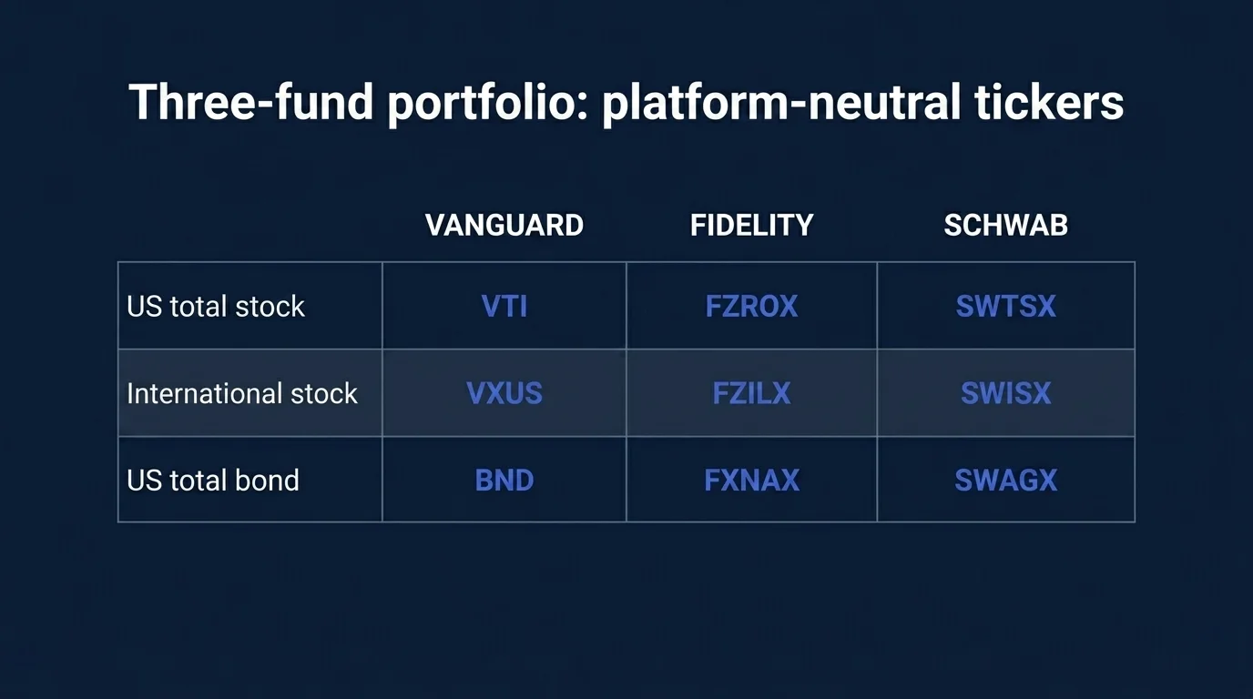 Three-fund portfolio platform-neutral tickers: Vanguard VTI VXUS BND, Fidelity FZROX FZILX FXNAX, Schwab SWTSX SWISX SWAGX
