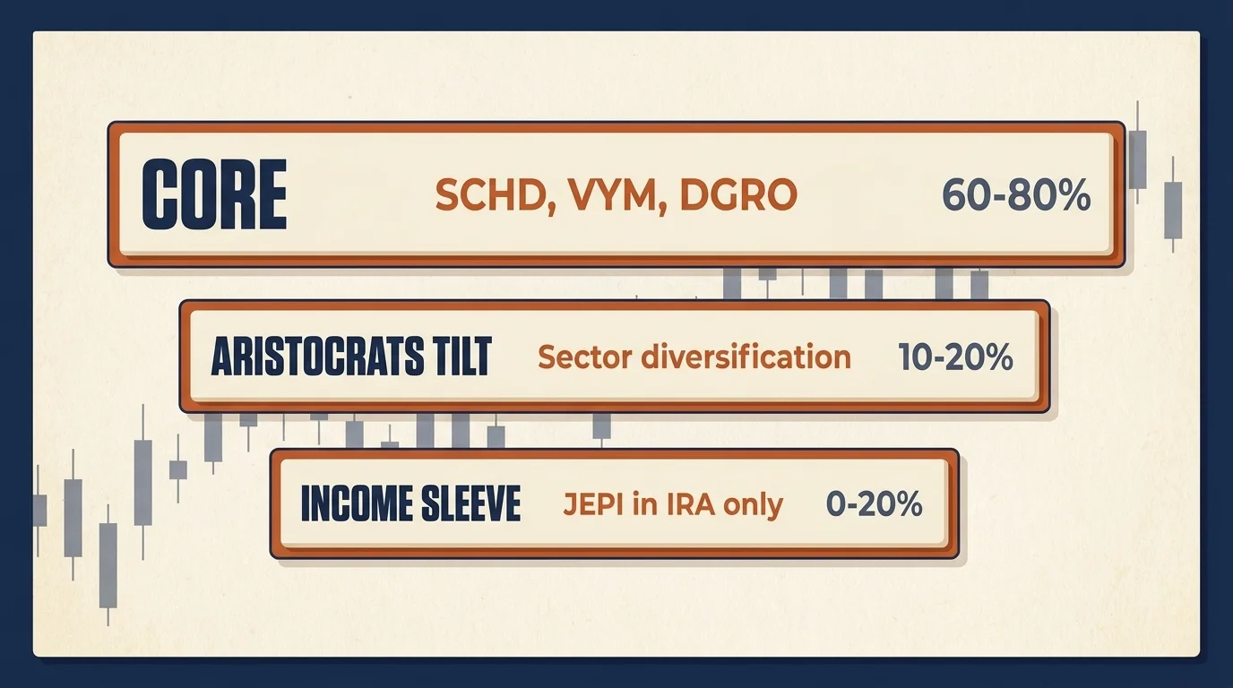 Three-tier dividend portfolio construction stack showing core compounding layer, aristocrats tilt layer, and income sleeve