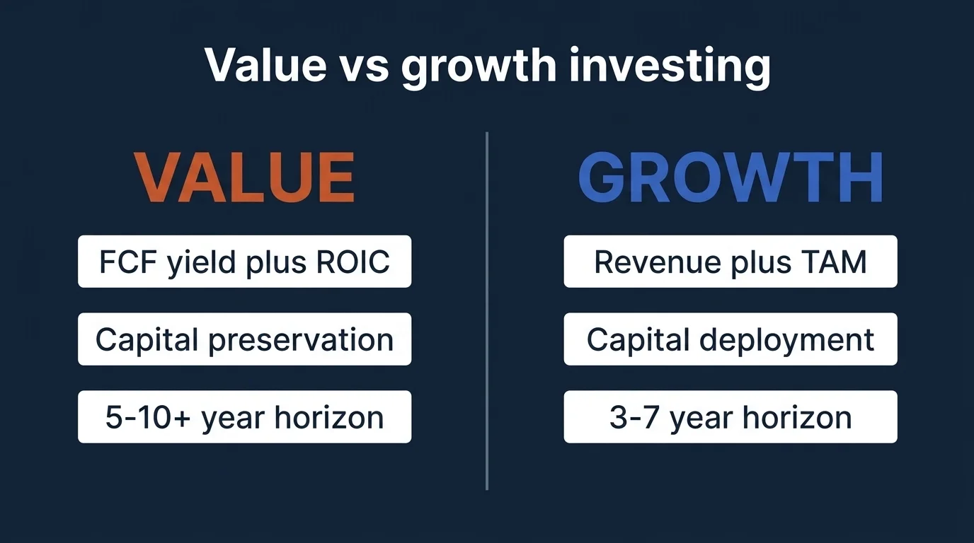 Two-panel on deep navy: VALUE burnt orange (FCF+ROIC, 5-10+ yr) vs GROWTH royal blue (Revenue+TAM, 3-7 yr)