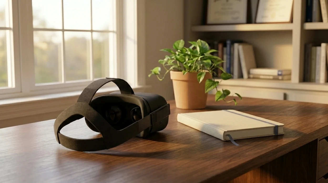 A matte-black VR headset resting on a wooden home-office desk beside a closed notebook and a small pothos in a terracotta pot