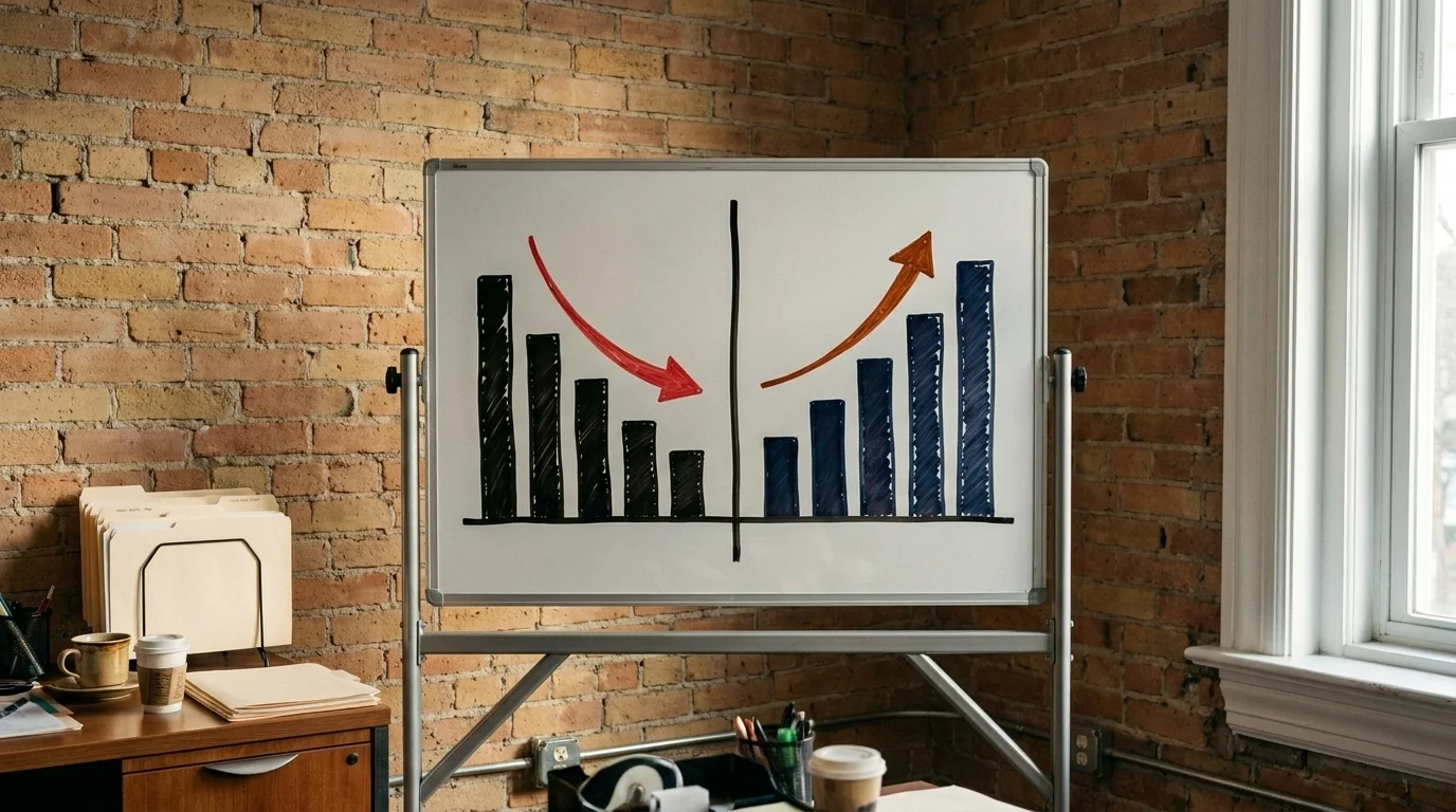 Portable whiteboard split by a black line — left side burn columns with a downward arrow, right side profit columns with an upward arrow