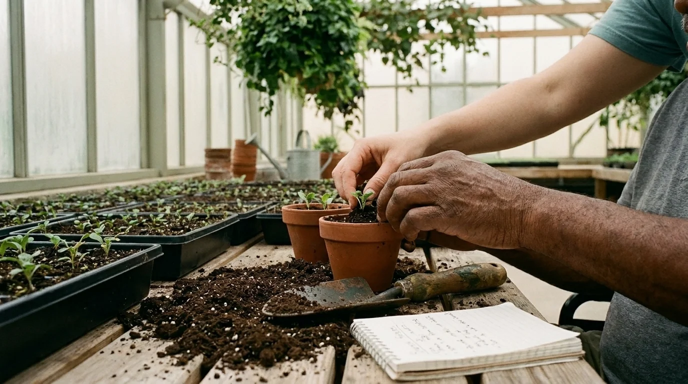 Hands transplanting seedlings from a propagation tray into terracotta pots at a wheelchair-height bench in a therapy session
