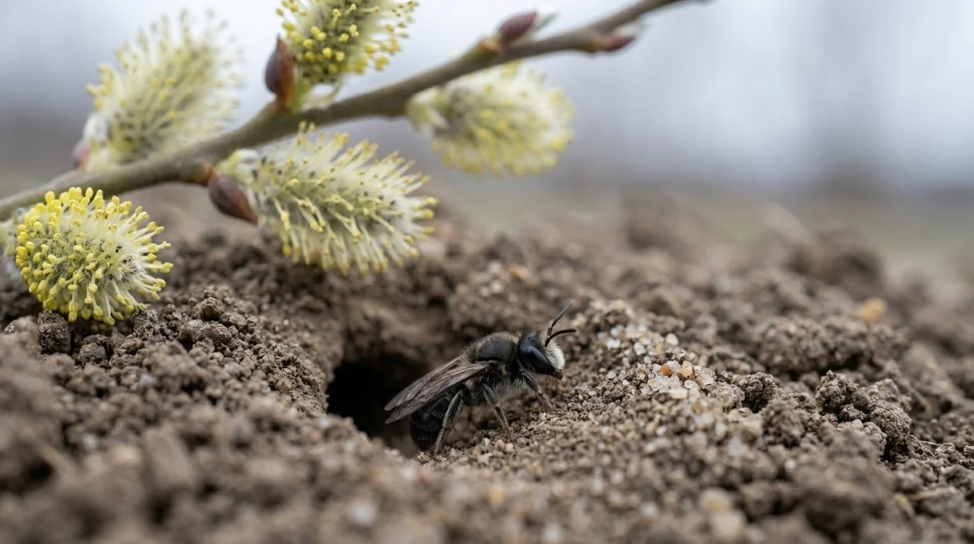 An Andrena mining bee emerging from a south-facing patch of bare soil beside a pussy-willow catkin in early spring