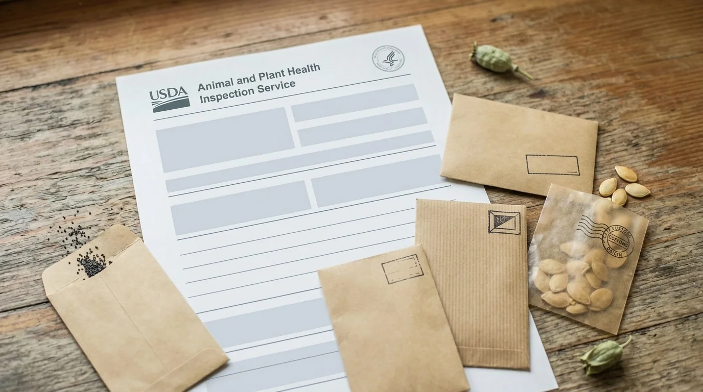 APHIS Small Lots of Seed permit document beside small seed packets with handwritten labels from different countries