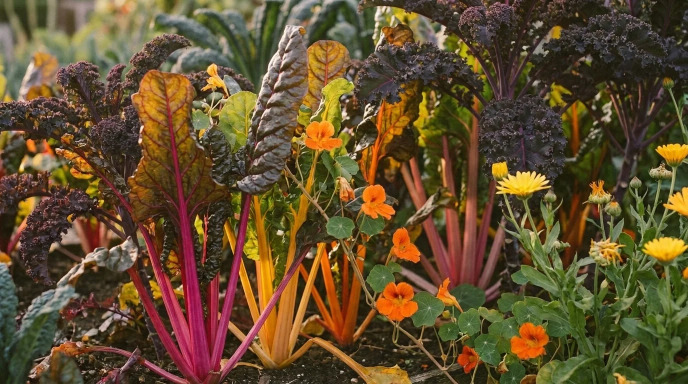 Neon-stemmed Bright Lights chard and purple Rubybor kale threaded with orange nasturtium and calendula, edimental plants