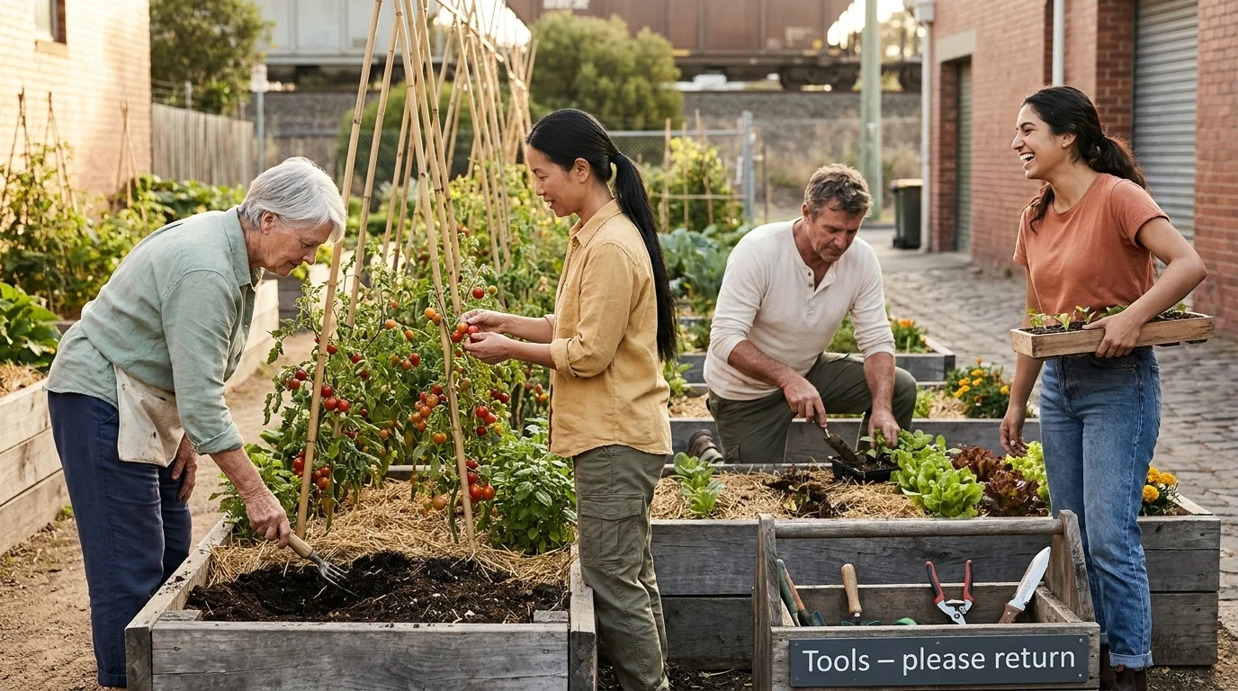 Four gardeners of different ages working adjacent raised beds at a Brunswick community plot at sunrise