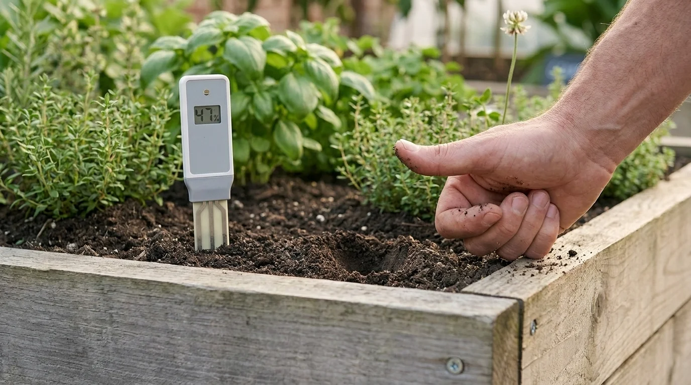 A capacitive soil-moisture sensor probe alongside a thumb pressed into the same raised bed at field capacity