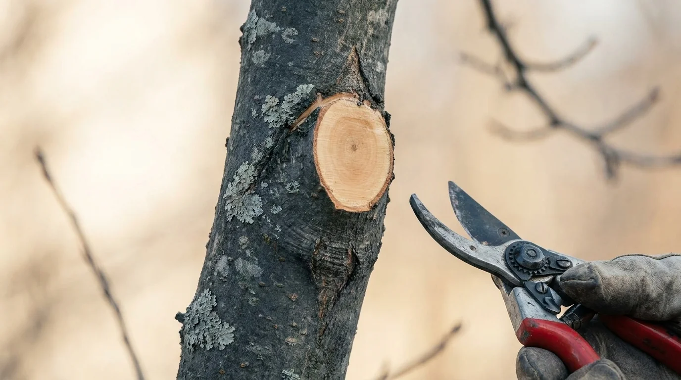 Close-up of a clean pruning cut just outside the branch collar on a deciduous tree branch with bypass pruners in the frame