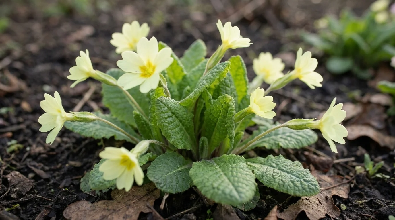 Close-up of a common primrose, Primula vulgaris, its notched pale-yellow petals rising from a crinkled leaf rosette