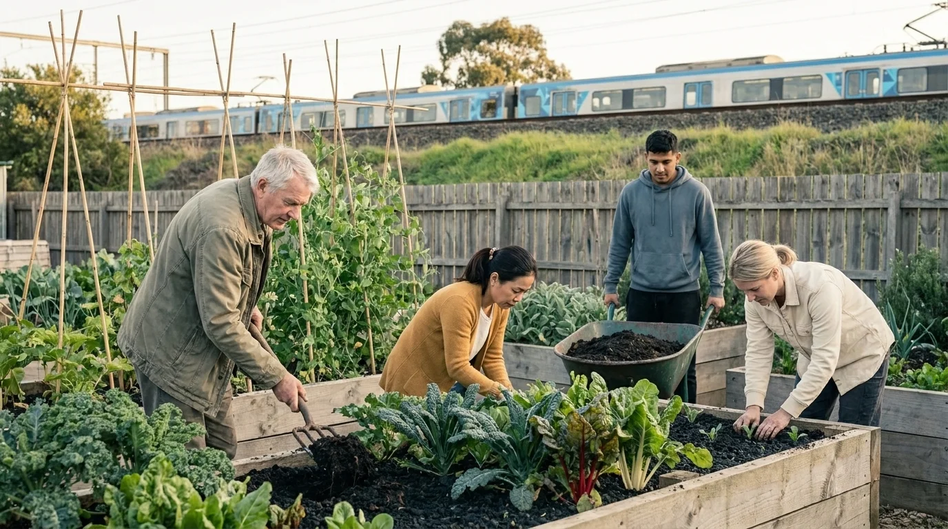 Four people of different ages forking compost into raised beds at a community garden plot beside a railway line