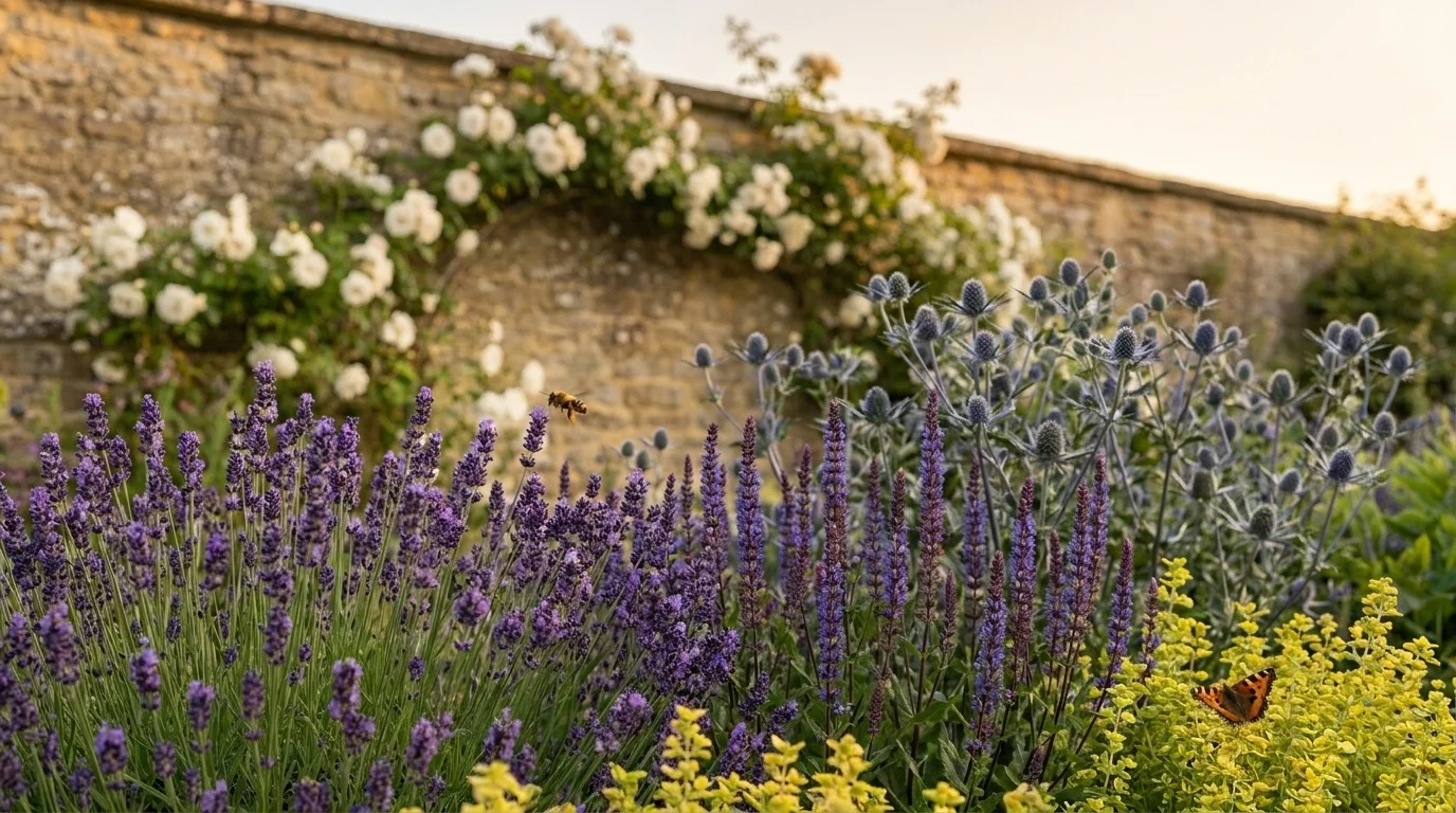 Cotswold-stone border in golden-hour light with lavender, salvia, sea holly and marjoram, a bee crossing toward a spike