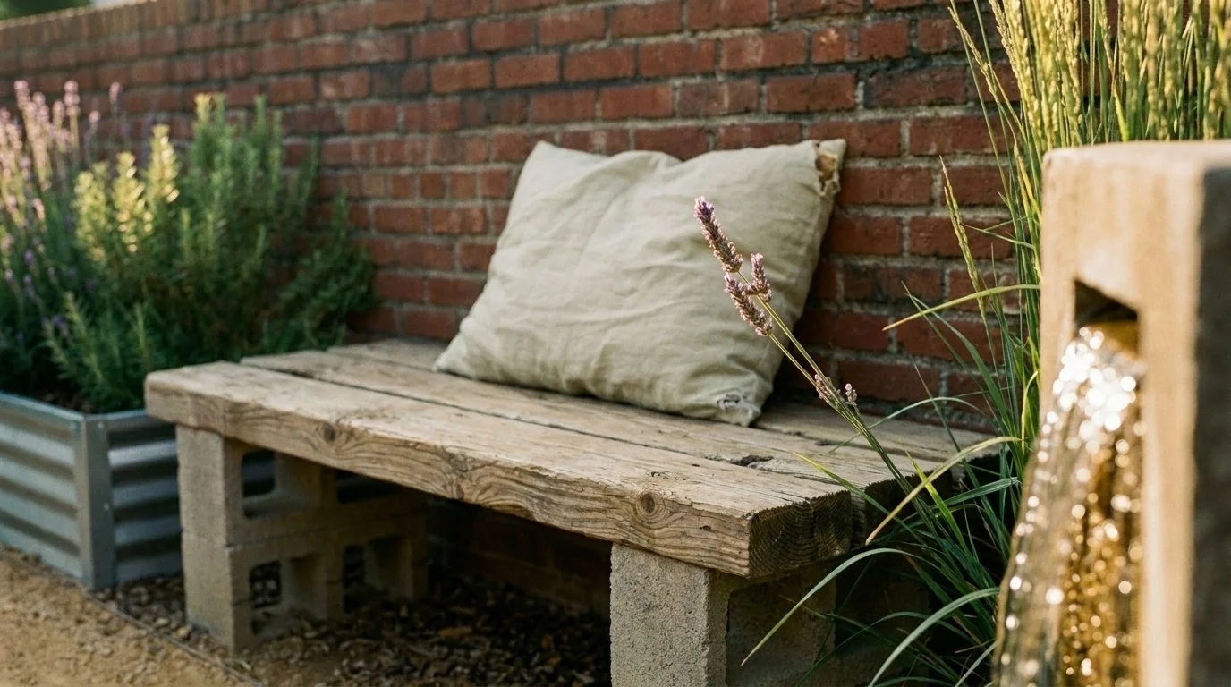 Therapeutic garden seating: cushioned timber bench by a brick wall with lavender at its edge and a recirculating fountain