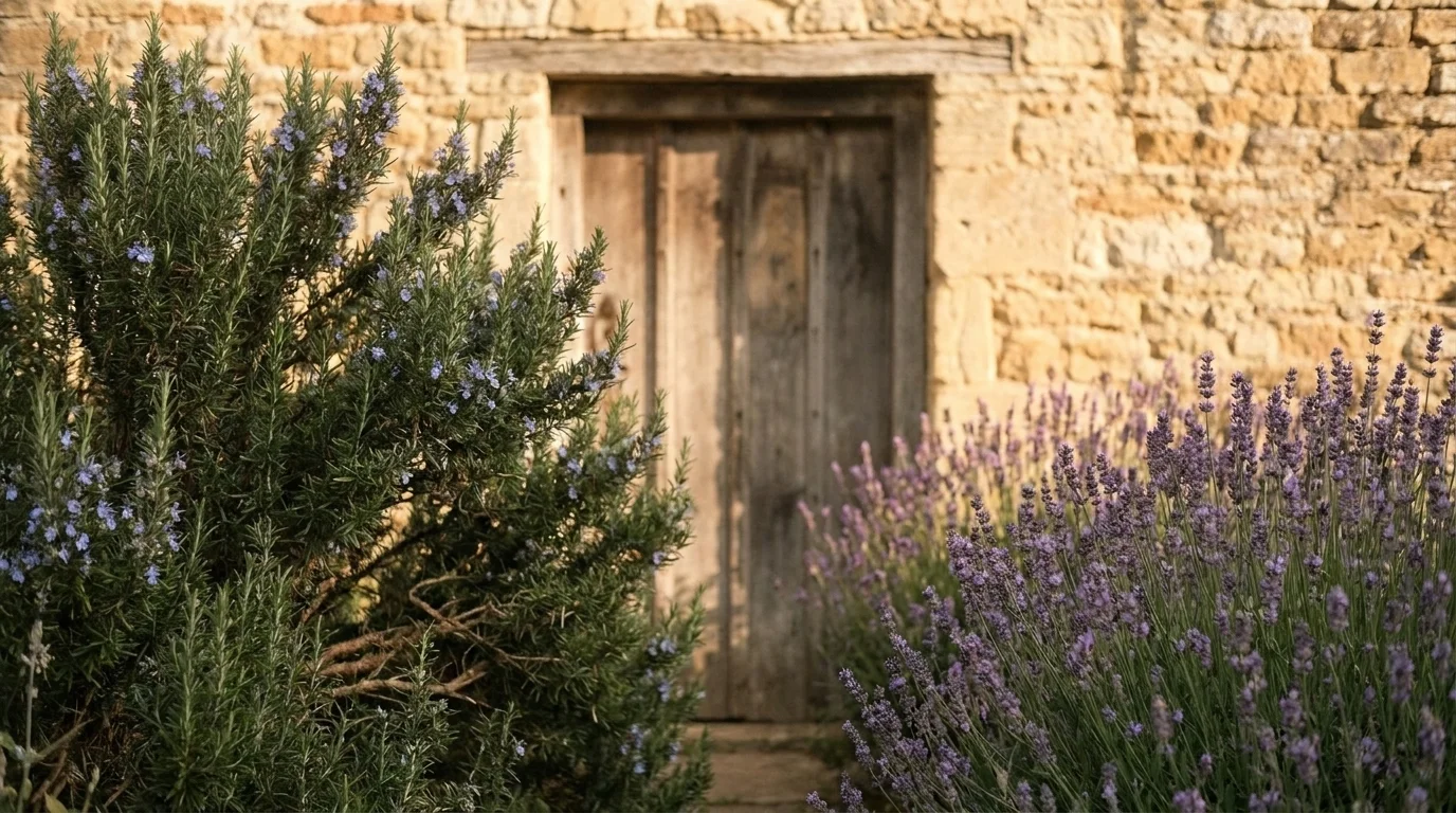 A doorway flanked by a mature rosemary bush and flowering lavender against an old stone wall in late light