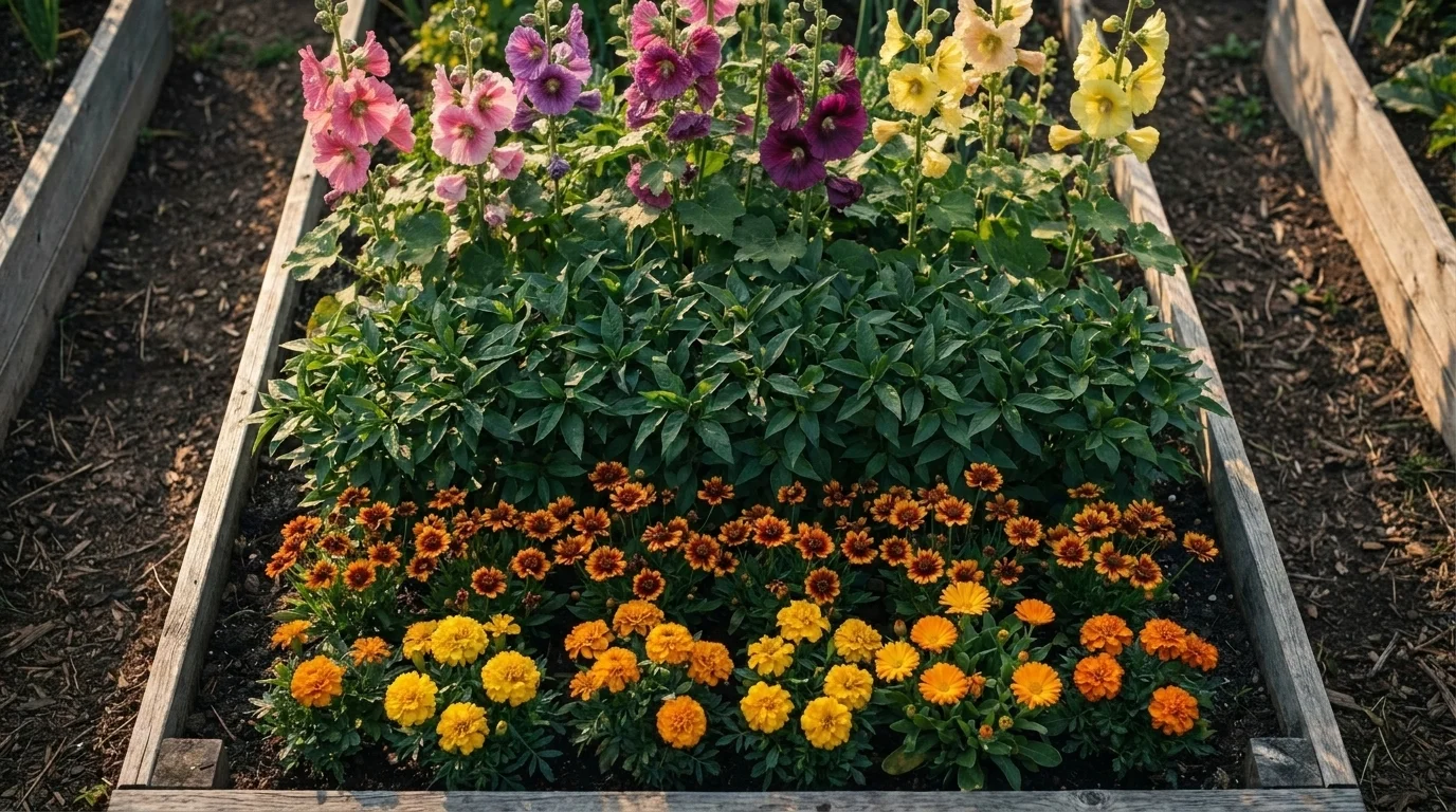 Overhead dye garden in a raised cedar bed: tall hollyhocks, deep-green Japanese indigo, rust coreopsis, and yellow-orange marigolds