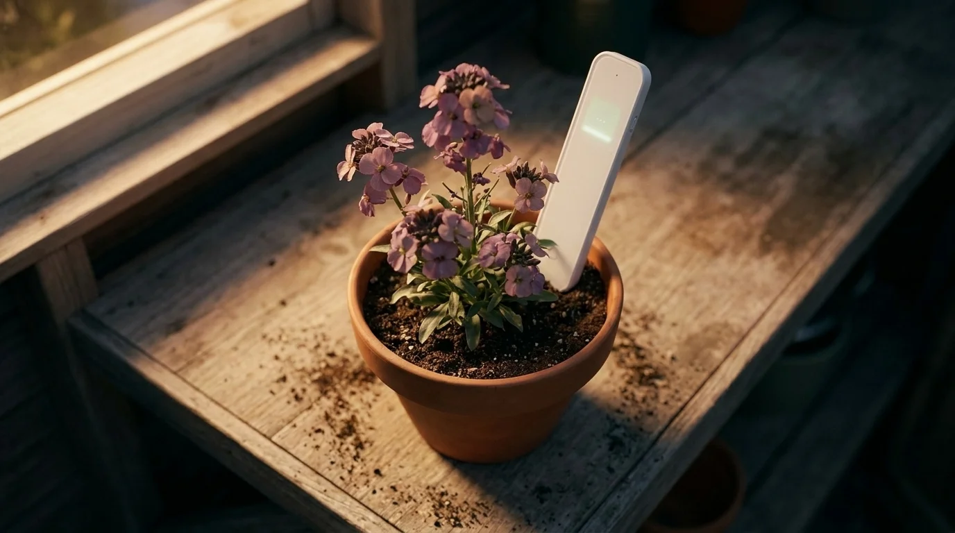 Overhead close-up of a white soil probe in a terracotta pot of flowering Erysimum 'Bowles's Mauve' at dusk