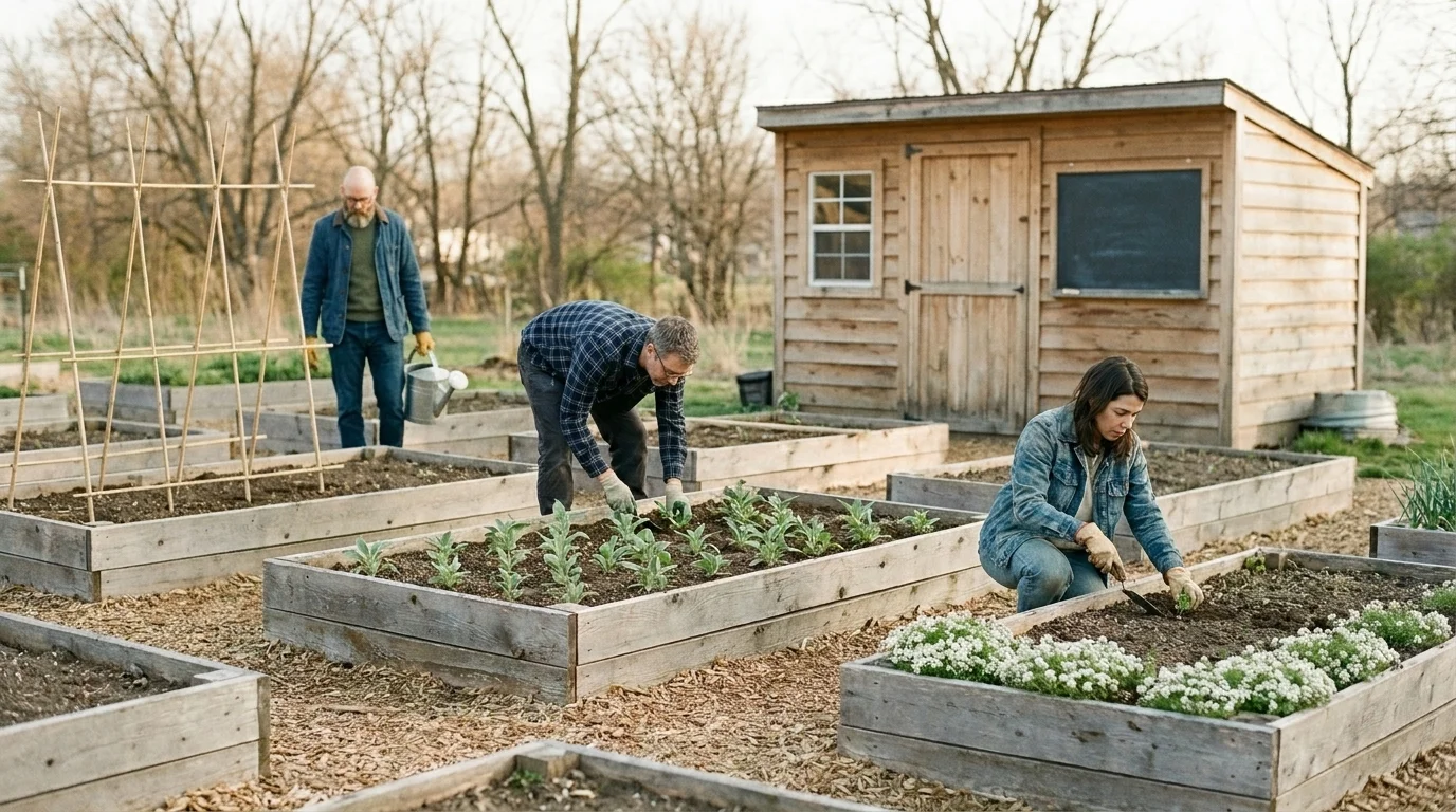 Late-spring community garden with raised beds, a tool shed, and volunteers working at different plots in soft morning light