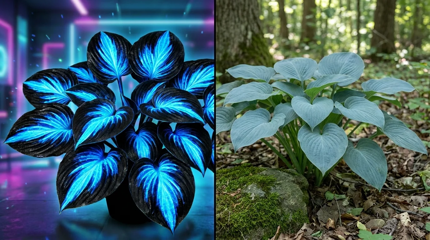 A split frame with a fake glowing electric-blue AI hosta at left and a real soft blue-grey shade hosta at right
