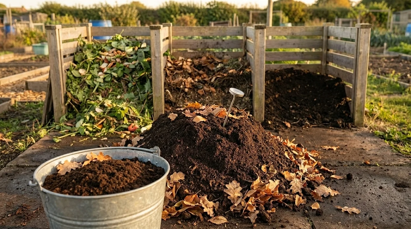 Finished compost in a galvanised bucket beside a three-bay A-frame compost bin with a probe thermometer in the heap