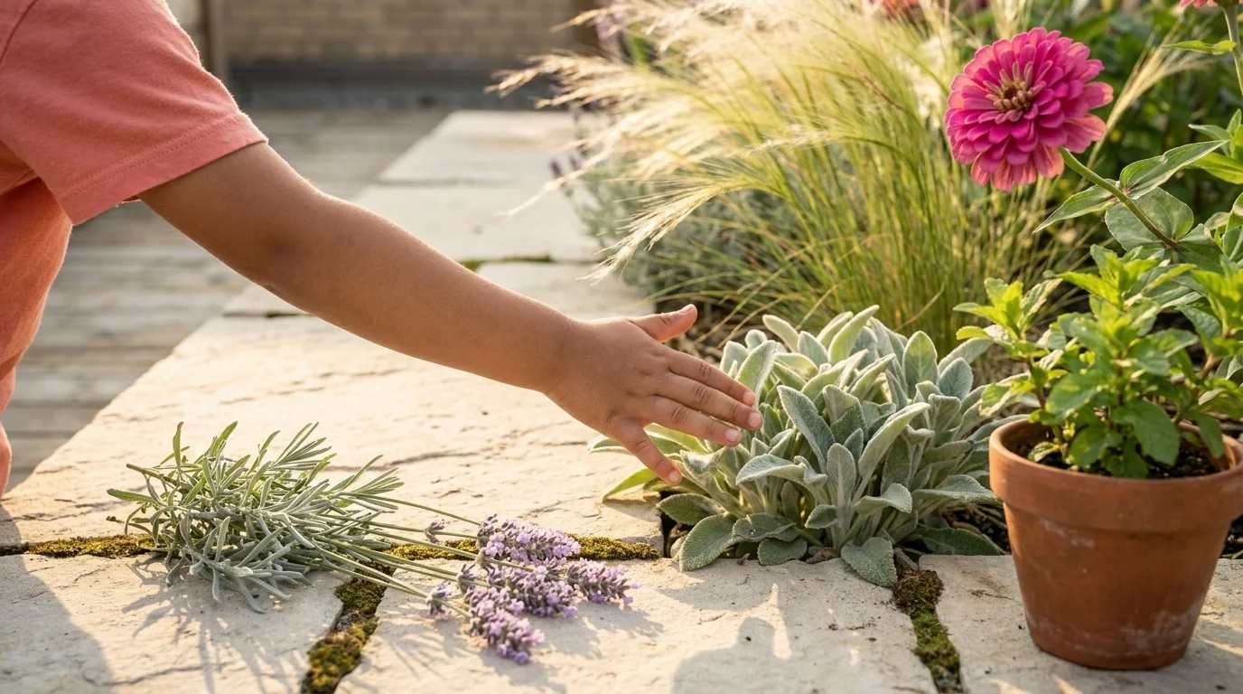 Five sensory garden plants — lavender, lamb's ear with a child's hand reaching, ornamental grass, zinnia, and mint