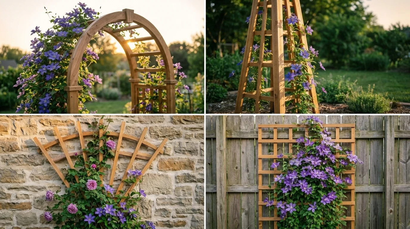 A grid of four garden trellis shapes — a walk-through arch, an obelisk, a wall-mounted fan and a flat lattice panel