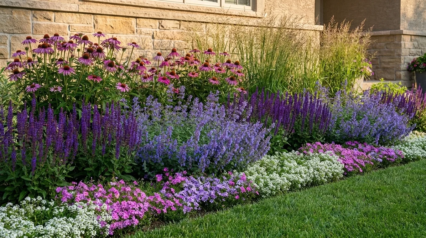 A front-yard flower border against a house layered tall-to-low, coneflowers and grasses back, catmint mid, phlox front