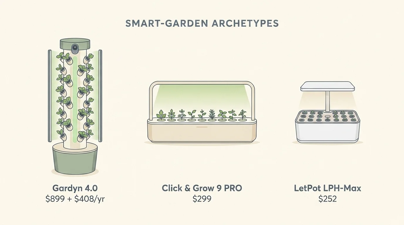 Three smart garden archetypes compared — Gardyn 4.0 vertical tower, Click & Grow 9 PRO row, and LetPot LPH-Max countertop
