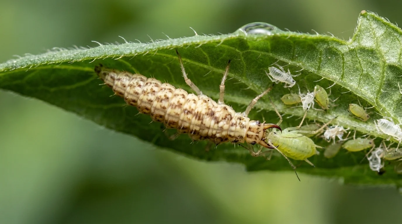 A green lacewing larva — the aphid lion — attacking an aphid colony on the underside of a tomato leaf in early summer