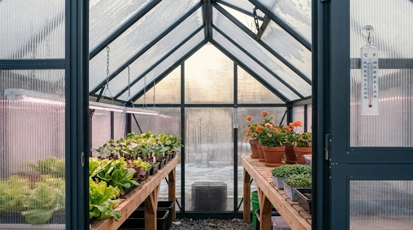 Greenhouse interior in winter: lettuce and seedling trays on benches under LED grow bars, with overwintering pelargoniums