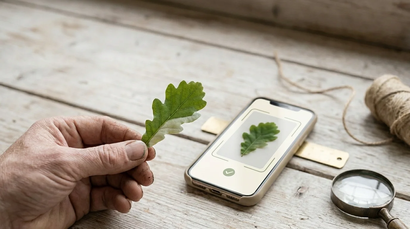 Hand holding an oak leaf beside a phone displaying a plant-identification app on a pine workbench