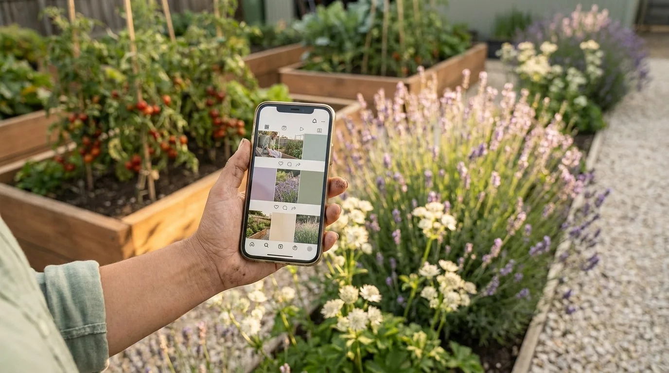 Hand holding a phone showing an Instagram-style garden feed in front of a cedar raised bed and lavender flowering border