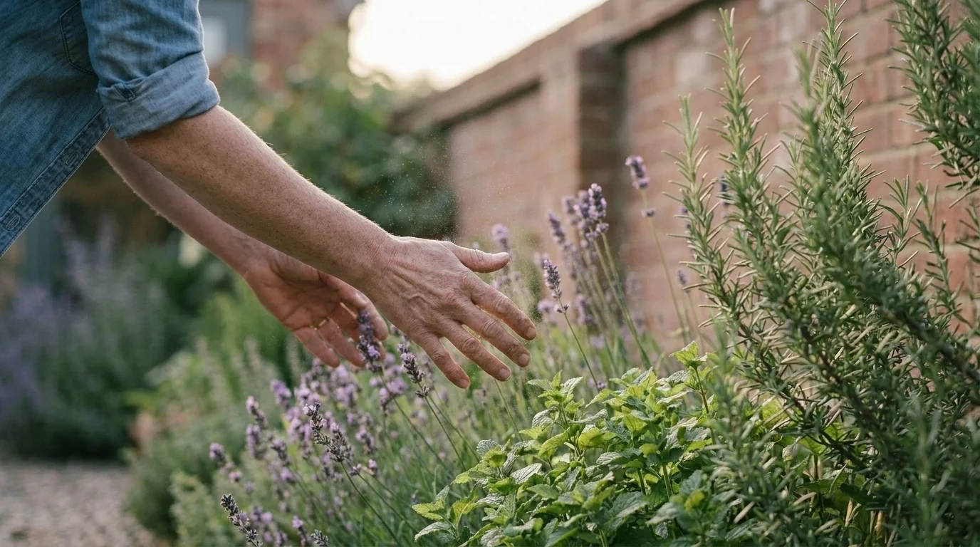 Hands brushing through lavender, rosemary and lemon balm in a sunlit UK sensory border at late afternoon