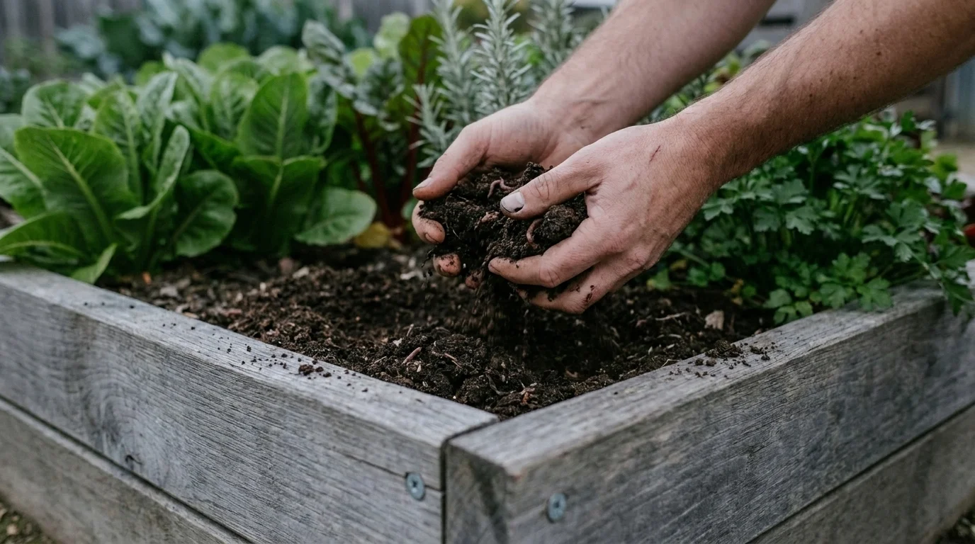 Bare hands sifting dark crumbly compost over a raised bed of leafy greens at a Melbourne community plot