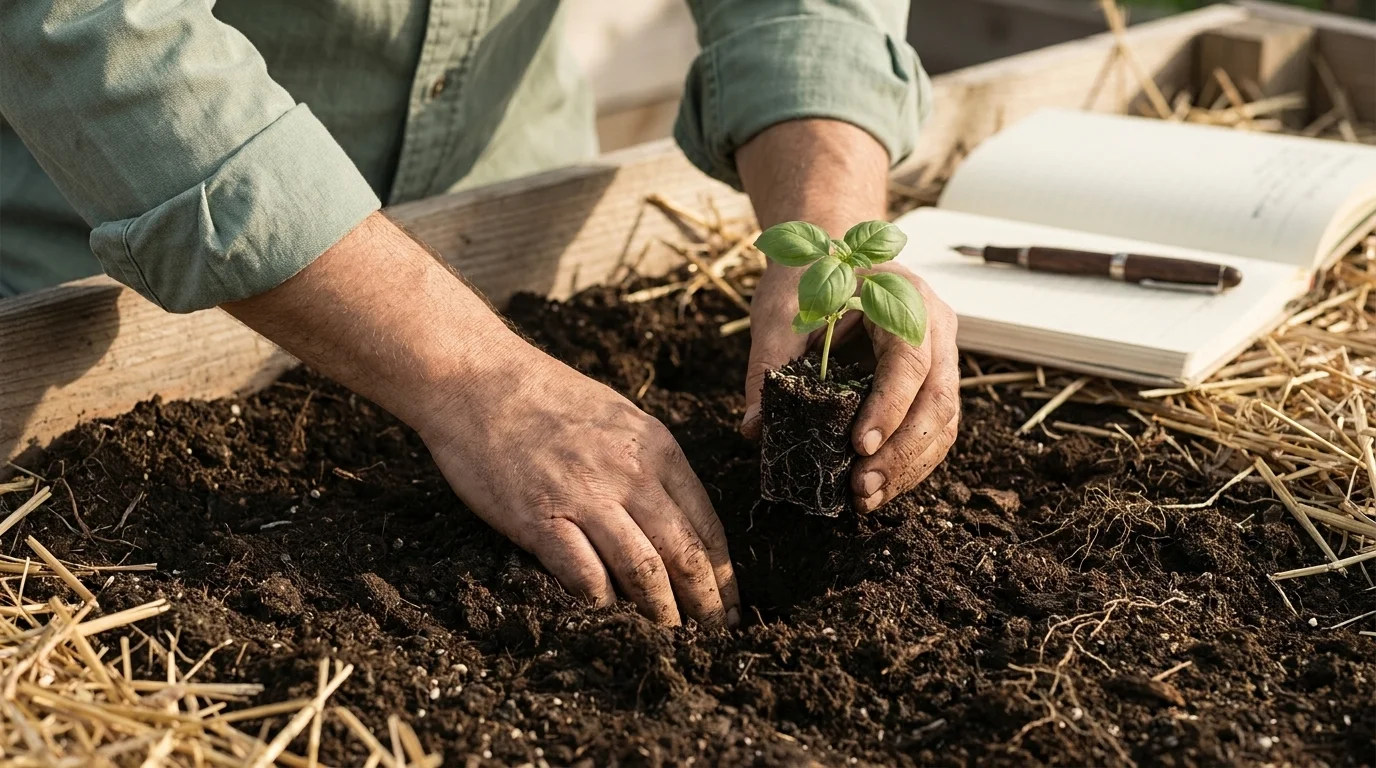 Gardener's hands working dark soil and holding a basil seedling in a raised bed with a garden journal at the edge