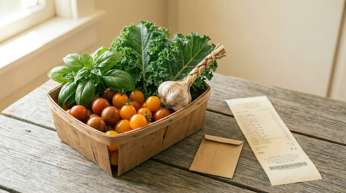 Wooden basket of cherry tomatoes, basil, kale and a head of garlic beside a grocery receipt on a wood table