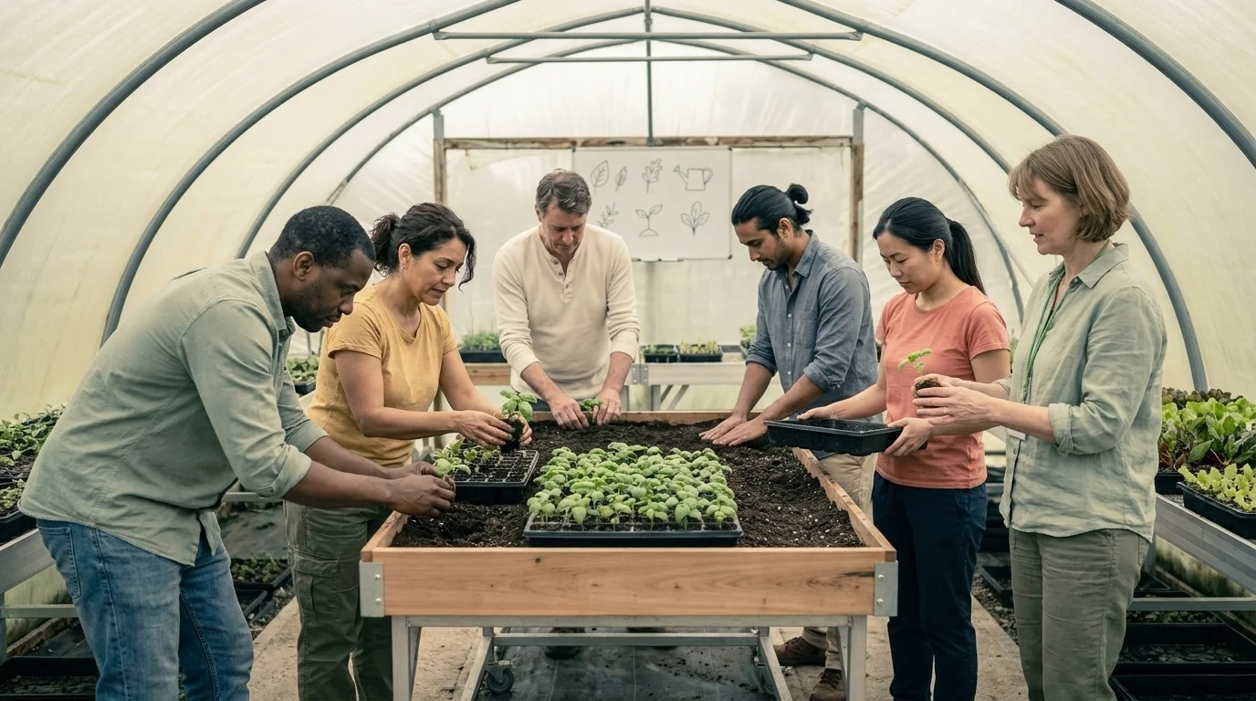 Six adults in a horticultural therapy session transplanting basil seedlings around a wheelchair-accessible cedar raised bed