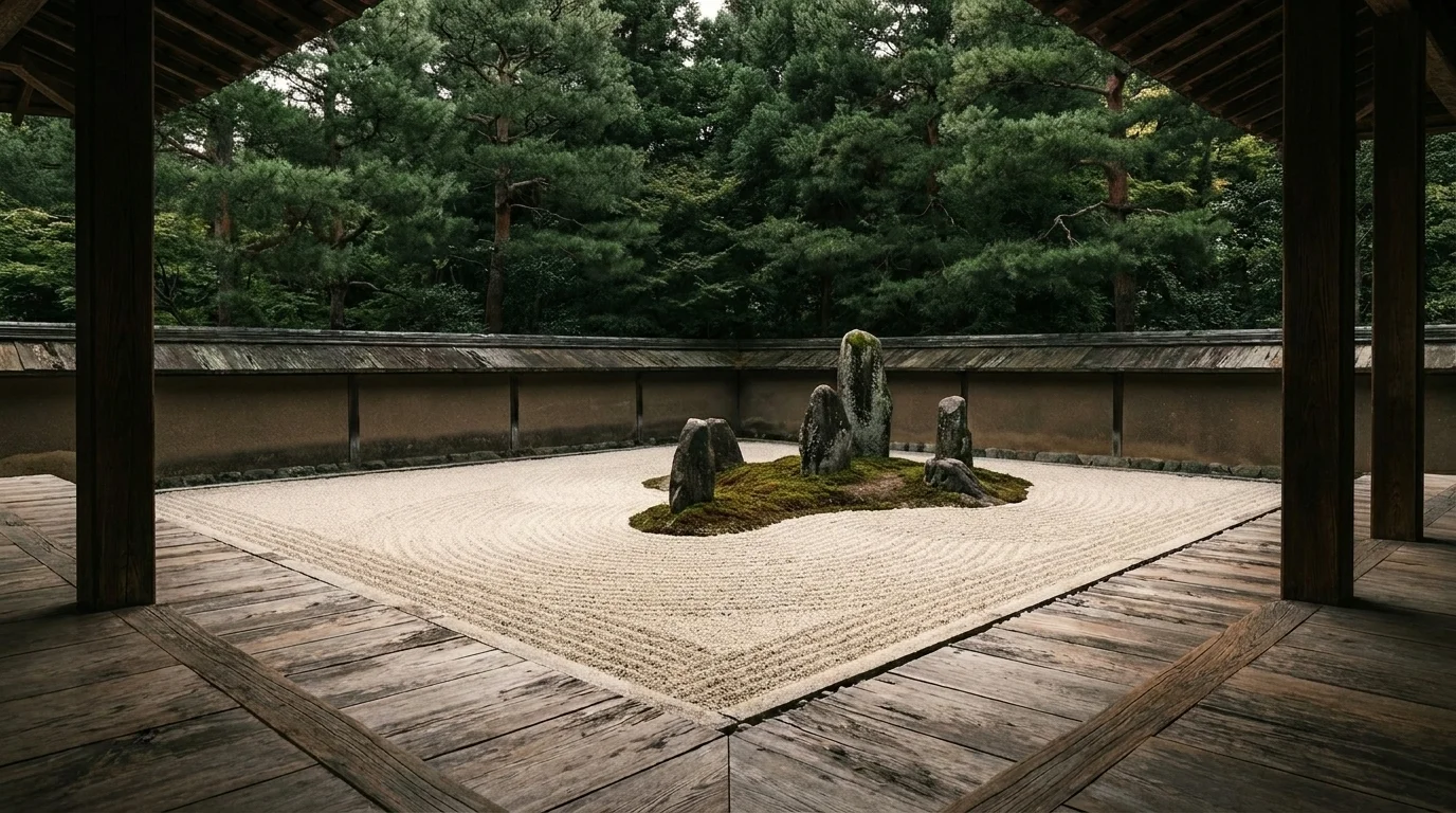 Japanese zen garden of raked gravel combed in ripples around moss-edged stones, viewed from a temple veranda