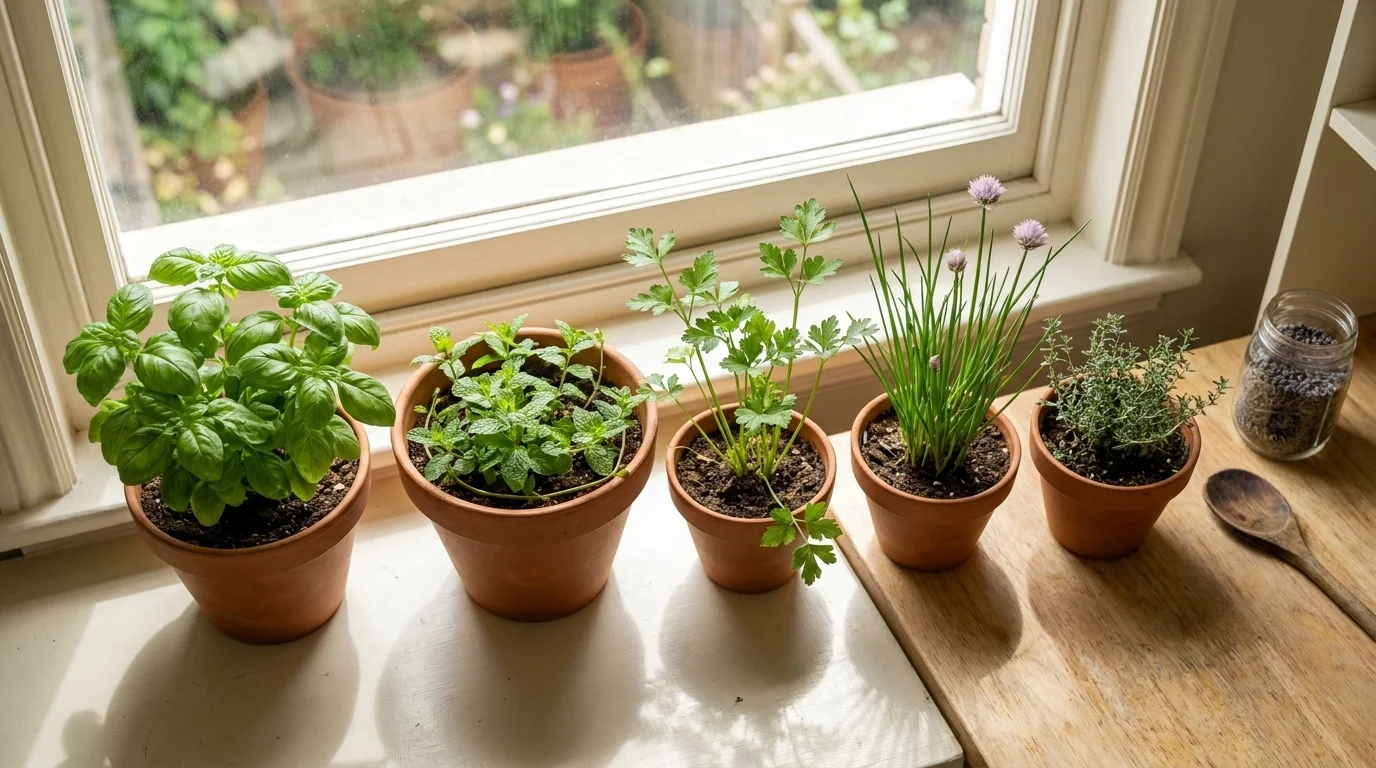 Five terracotta pots of basil, mint, parsley, chives, and thyme on a sunny kitchen windowsill in morning light