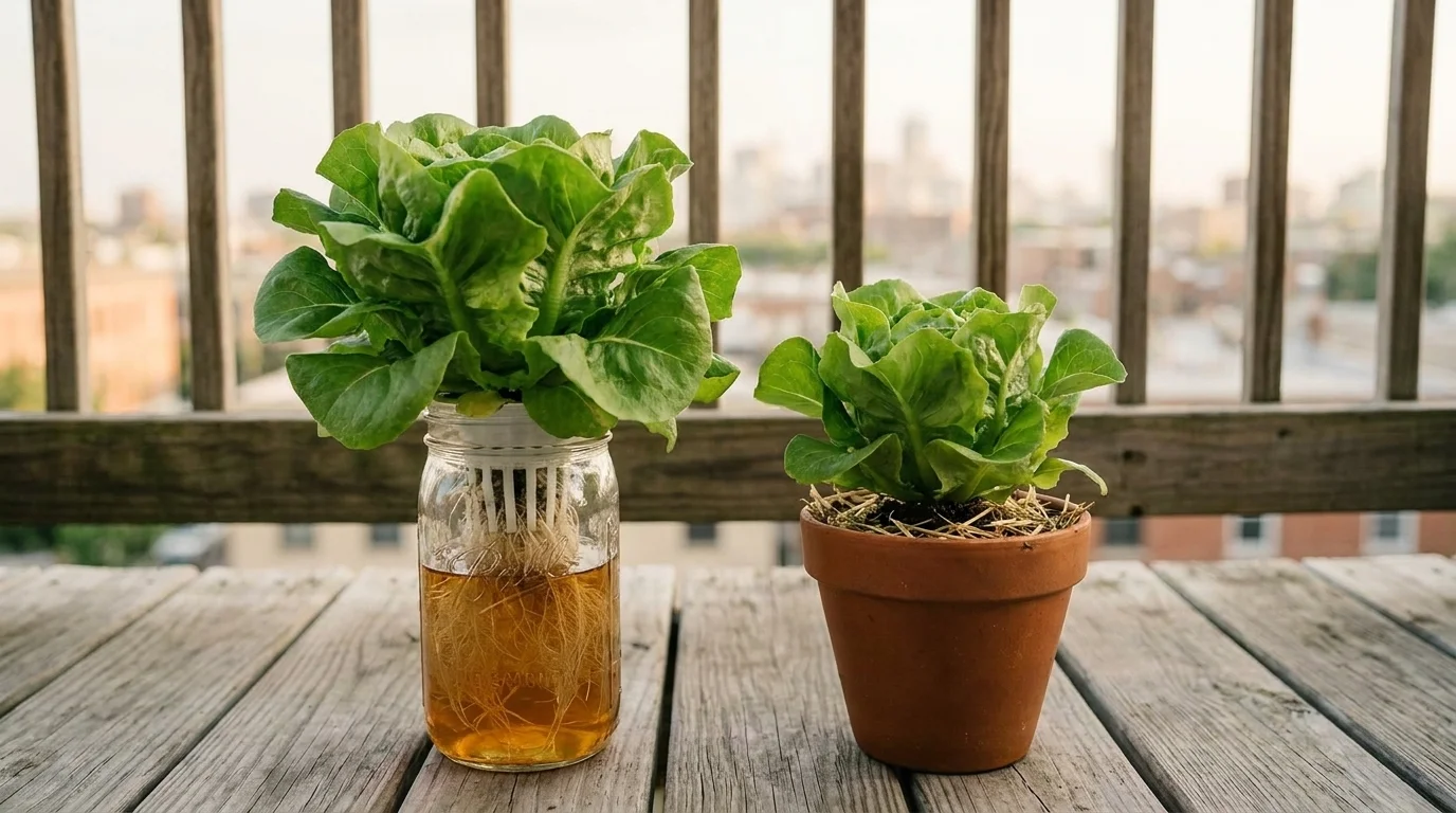 Kratky mason-jar hydroponic buttercrunch lettuce with visible roots beside a smaller soil-grown lettuce in a terracotta pot