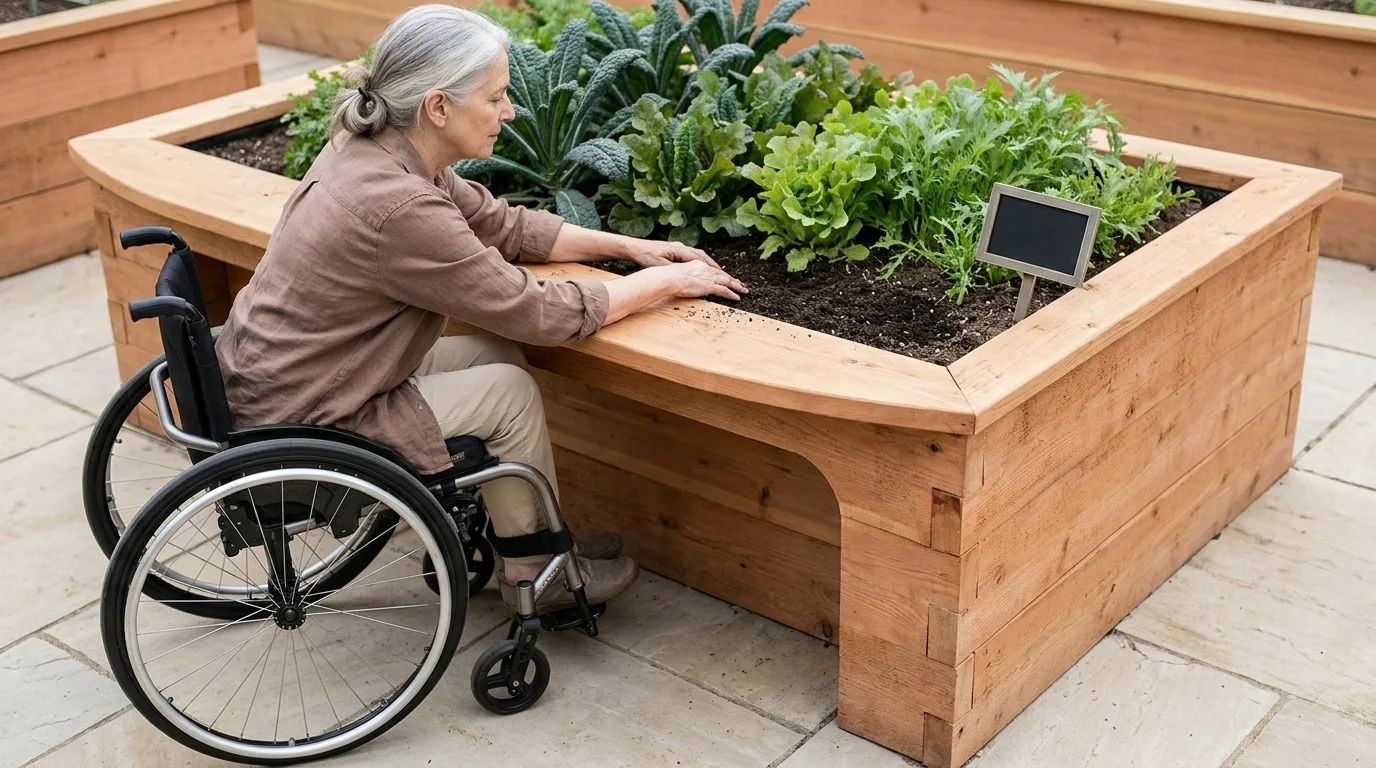 Low angle of a cedar roll-under raised bed with 27-inch knee clearance, a wheelchair gardener tending leafy greens