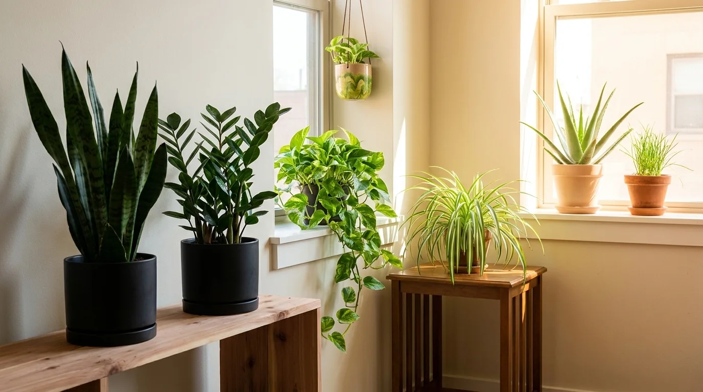 Low to bright indoor light tiers: snake plant, ZZ, pothos, spider plant, and aloe vera shown across one apartment