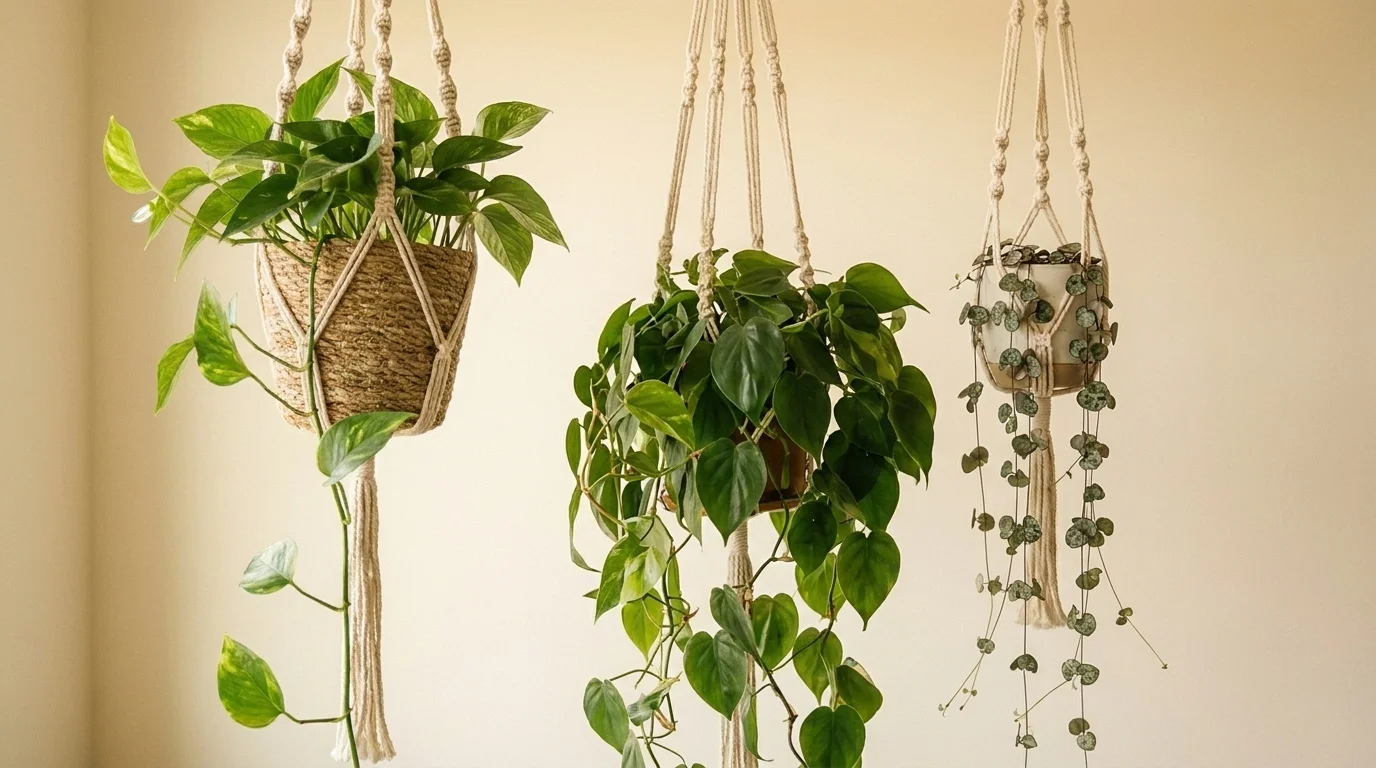 Three macramé hangers stepping down a plain wall, trailing pothos, heartleaf philodendron and string-of-hearts