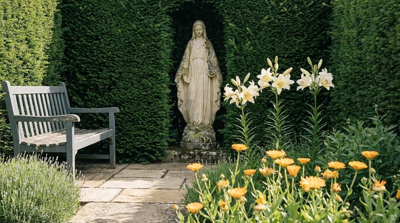 Mary garden with weathered stone statue against a clipped yew hedge, Madonna lilies, calendula, and lavender