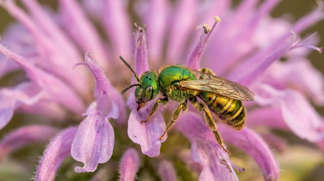 A metallic green sweat bee (Agapostemon virescens) on a wild bergamot Monarda fistulosa flower in summer