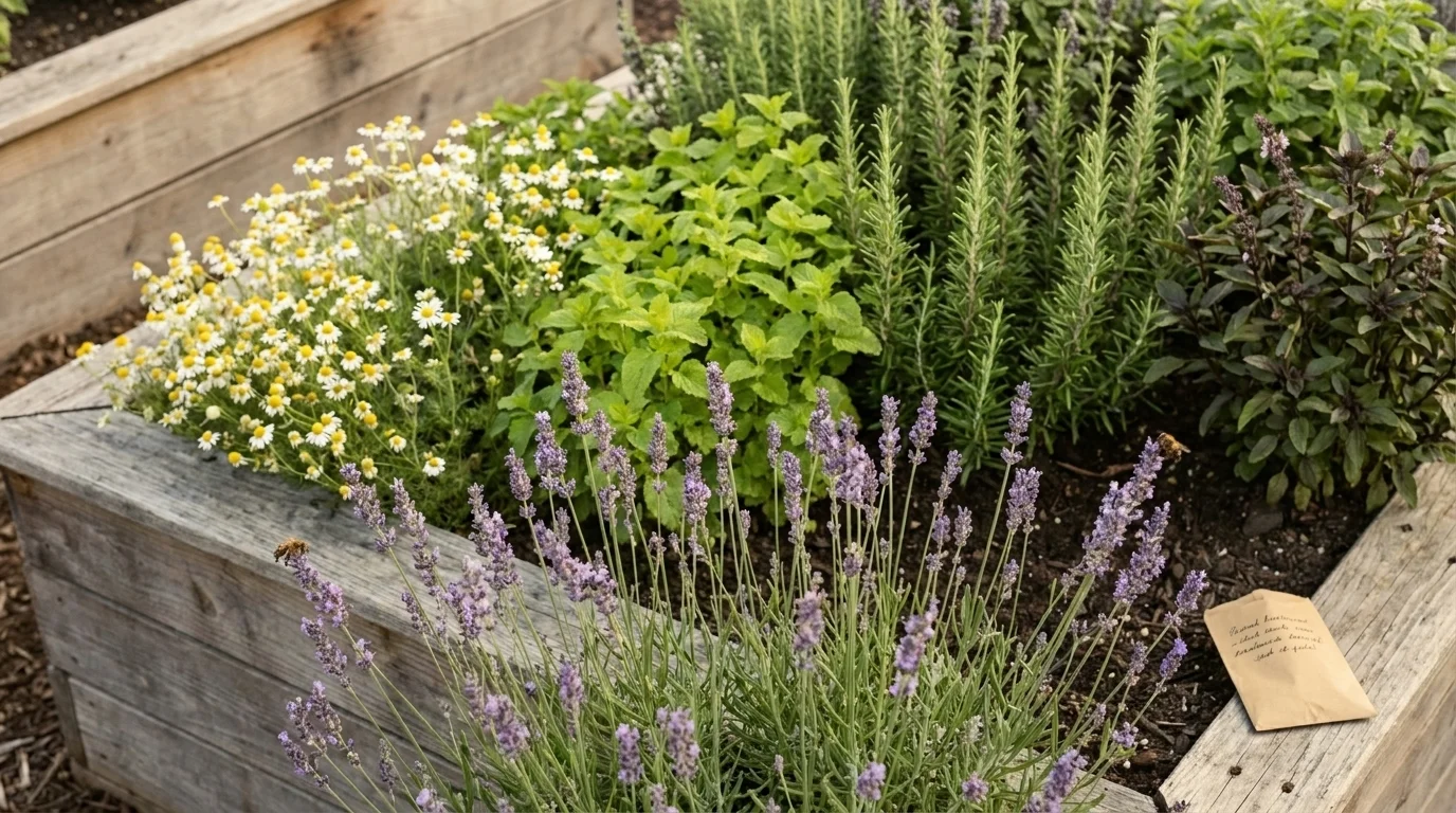 Overhead mid-summer cedar bed with English lavender, Roman chamomile, lemon balm, rosemary, and tulsi in distinct rows