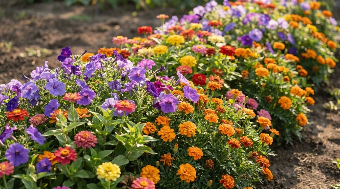 A mixed annual flower border in peak summer, massed petunias, marigolds and zinnias in red, orange, gold and violet