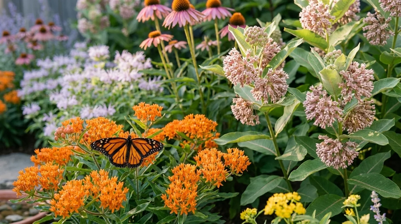 Monarch butterfly on butterfly weed beside common milkweed and yellow golden alexanders in a mid-July native border
